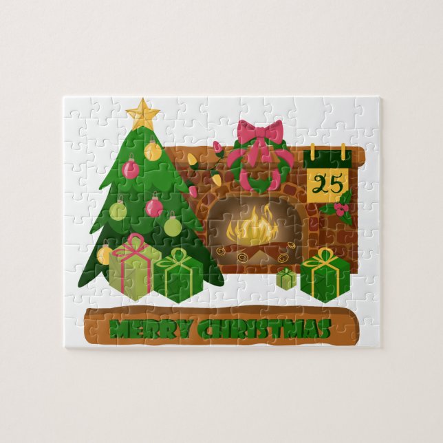 Quebra-cabeça Feliz Natal perto da árvore de Natal de lareira bo (Horizontal)