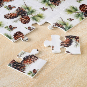 Quebra-cabeça Feliz Natal Pinhas Castanhas Folhagem Verde
