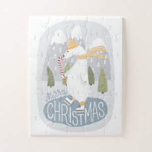 Quebra-cabeça Feliz Natal. Urso polar bonito. Animal engraçado