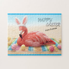 Quebra-cabeça Feliz Páscoa da Florida Flamingo Bunny na Praia