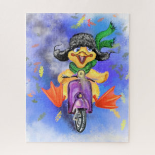 Quebra-cabeça Feliz Pato Amarelo Conduz Patinete Roxo - Cartoon