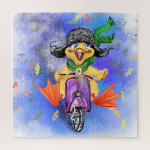 Quebra-cabeça Feliz Pato Amarelo Conduz Patinete Roxo - Cartoon