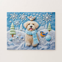 Quebra-cabeça Felt Dog em cena de inverno de neve