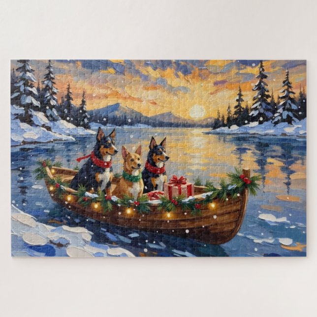 Quebra-cabeça Férias de barco de Natal do Kelpie australiano (Horizontal)