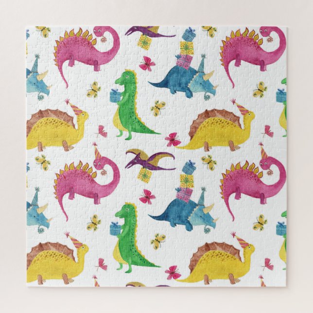Quebra-cabeça Festa de dinossauro: padrão de aquarela. (Vertical)