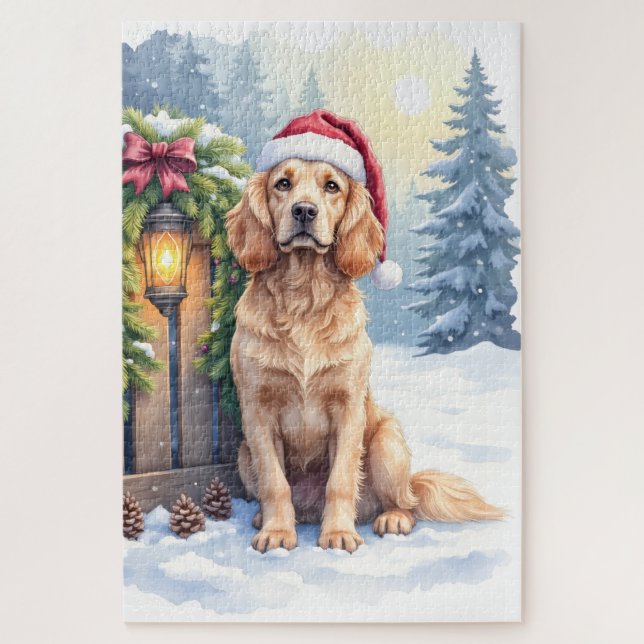 Quebra-cabeça Field Spaniel Snowy Fence Santa Hat Christmas Art (Vertical)