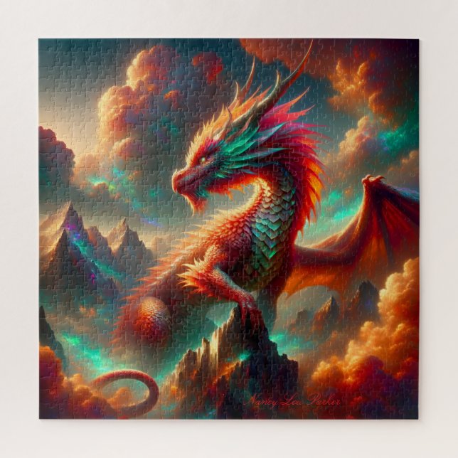 Quebra-cabeça Fiery Dragon em Mountain Peak com Céu Crepúsculo (Vertical)