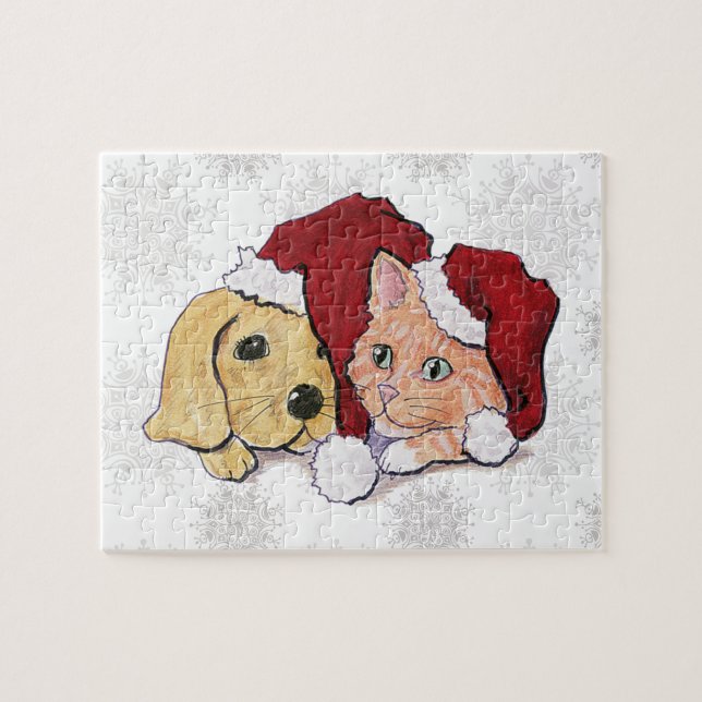 Quebra-cabeça Filhote de Labrador de Natal Fofo e Gato Tabby Lar (Horizontal)
