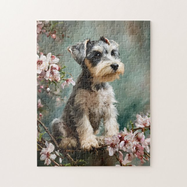 Quebra-cabeça Filhote de Schnauzer Entre Flores de Cerejeira da  (Vertical)