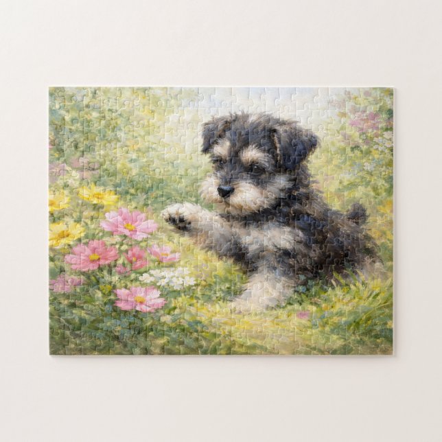 Quebra-cabeça Filhote de Schnauzer Flores da Primavera (Horizontal)