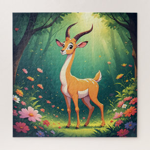 Quebra-cabeça Filhote de Veado de Desenho Adorável entre Flores