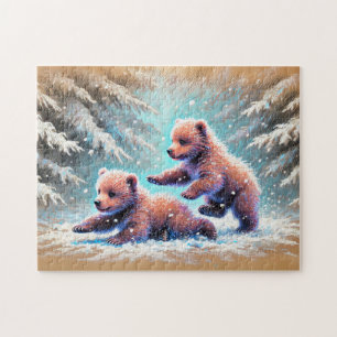 Quebra-cabeça Filhotes de Urso Brincalhões na Neve Desenho a Giz