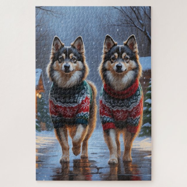 Quebra-cabeça Finnish Lapphund Dogs Christmas Snow Holiday (Vertical)
