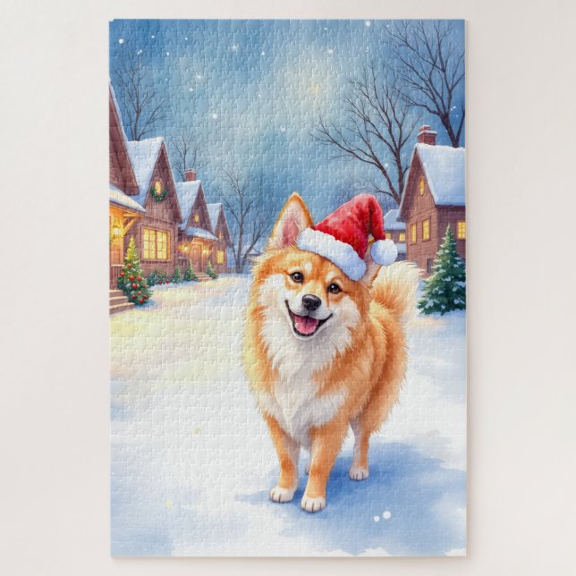 Quebra-cabeça Finnish Lapphund Snowy Village Santa Hat Christmas (Vertical)