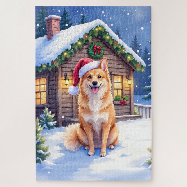 Quebra-cabeça Finnish Spitz Snowy Cabin Santa Hat Christmas Art (Vertical)