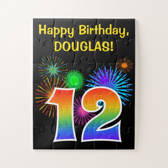 Quebra-cabeça Fireworks divertido + Rainbow Pattern "12" Anivers (Vertical)