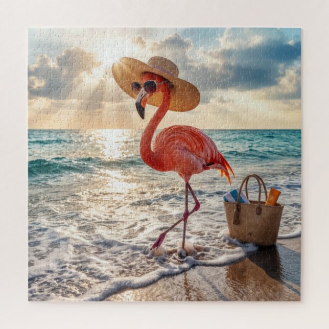 Quebra-cabeça Flamingo Chic com Chapéu de Sol e Óculos de Sol (Vertical)