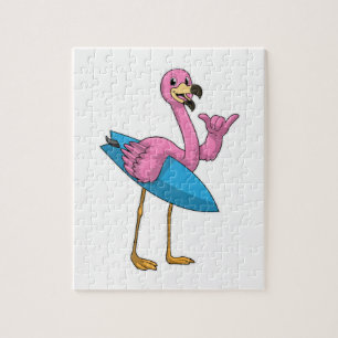 Quebra-cabeça Flamingo como Surfista com Prancha de Surfe