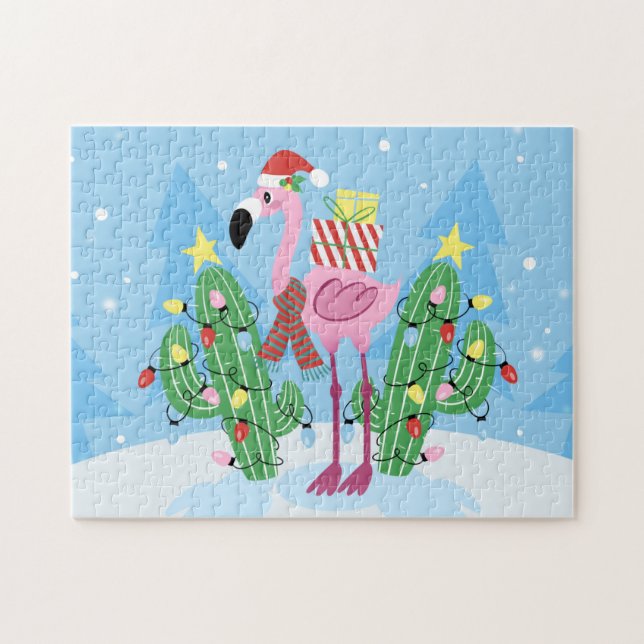 Quebra-cabeça Flamingo de Natal com Cactus (Horizontal)