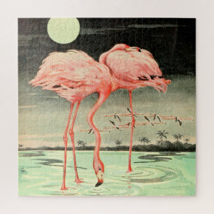 Quebra-cabeça Flamingo e Lua, ave rosa, pintada moderna,