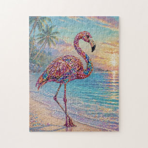 Quebra-cabeça Flamingo Glam de Tom Precioso na Praia Tropical