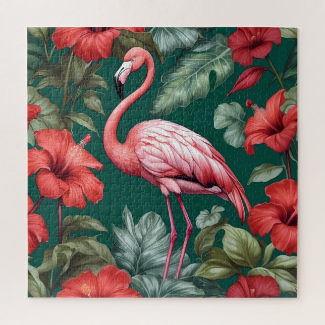 Quebra-cabeça Flamingo Hibiscus Flores Emerald Green (Vertical)