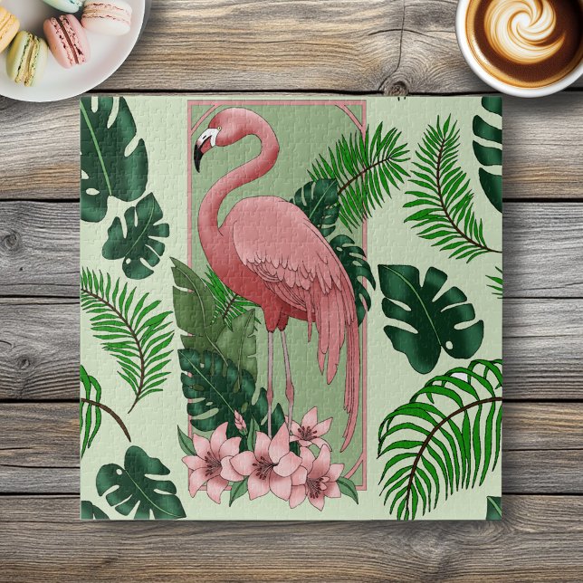 Quebra-cabeça Flamingo Rosa Tropical Folhas de Palmeira Verde Lí (Criador carregado)