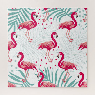 Quebra-cabeça Flamingo tropical e folhas, padrão de verão.