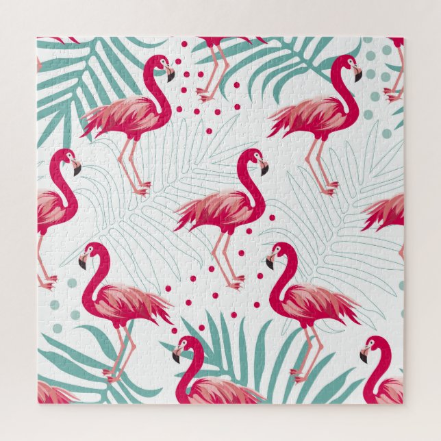 Quebra-cabeça Flamingo tropical e folhas, padrão de verão. (Vertical)
