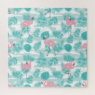 Quebra-cabeça flamingos cor-de-rosa, palmeiras verdes, tropicais