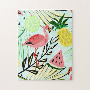 Quebra-cabeça flamingos e frutas cor-de-rosa.