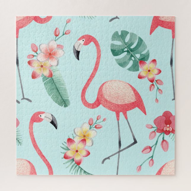 Quebra-cabeça Flamingos Flores Tropicais Padrão de Aquarela (Vertical)