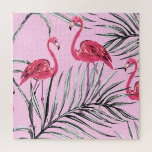 Quebra-cabeça Flamingos, padrão de vinheta de aquarela tropical.