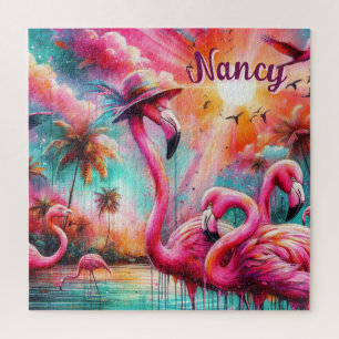 Quebra-cabeça Flamingos Palmeiras Rosa Tropicais Personalizadas