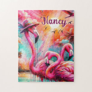Quebra-cabeça Flamingos Palmeiras Rosa Tropicais Personalizadas