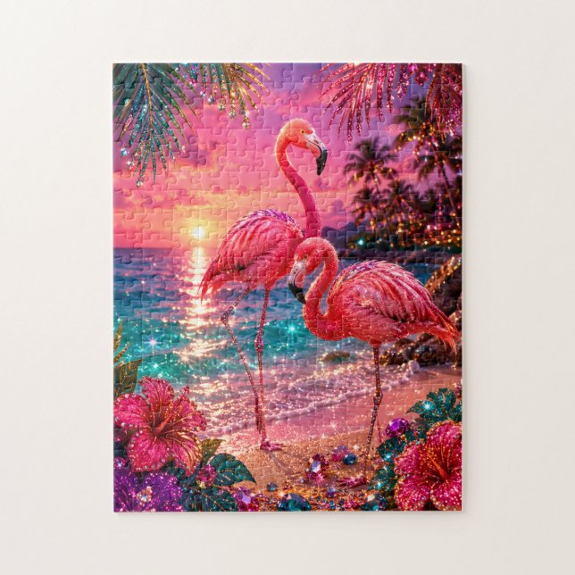 Quebra-cabeça Flamingos Rosa em Praia Tropical com Tons de Joias (Vertical)
