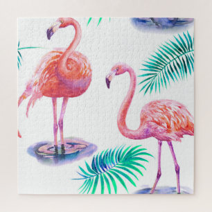 Quebra-cabeça Flamingos Tropicais: Orquídeas Aquarela Sem Olho.