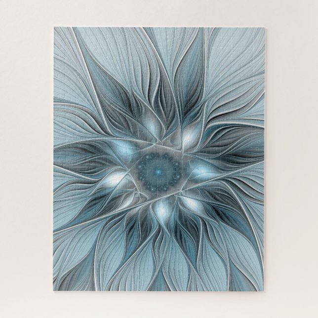 Quebra-cabeça Flor Abstrata Alegre Azul Cinza Floral Fractal (Vertical)