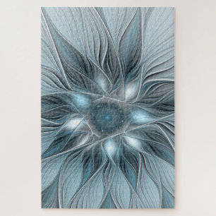 Quebra-cabeça Flor Abstrata Alegre Azul Cinza Fractal Floral