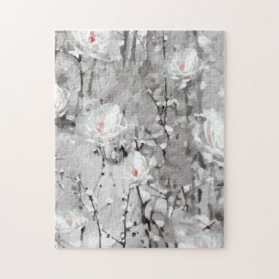 Quebra-cabeça Flor Abstrato de Neve Preto e Branco