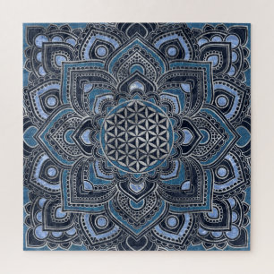 Quebra-cabeça Flor da Vida em Lotus - Cristal Azul e Prata