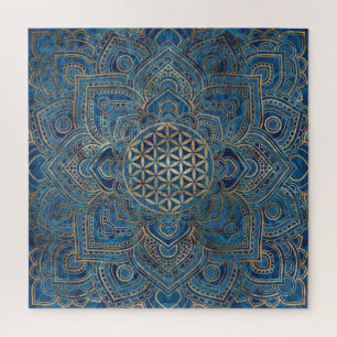 Quebra-cabeça Flor da vida em Lotus - mármore azul e Dourado