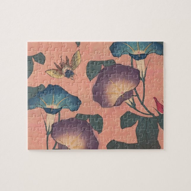 Quebra-cabeça Flor de Abelha Rosa Arte Clássica Hokusai (Horizontal)