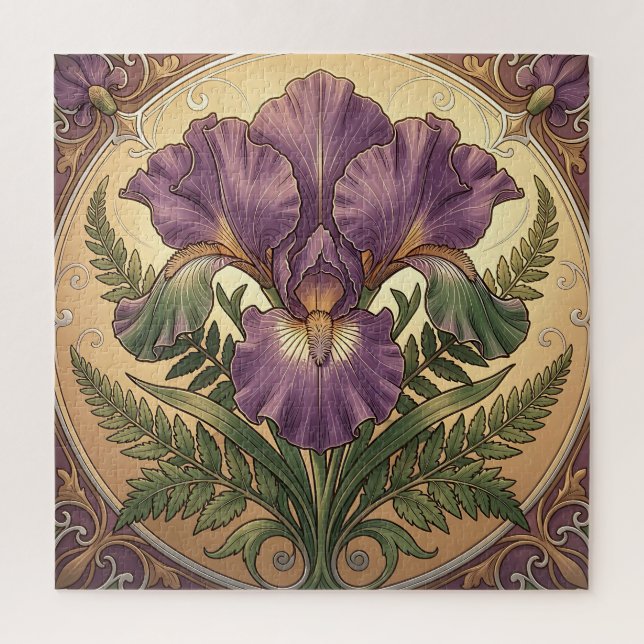 Quebra-cabeça Flor de Íris Roxa Arte Nova Moldura Ornamentada (Vertical)