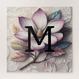 Quebra-cabeça Flor de magnólia roxa floral cor-de-rosa monograma
