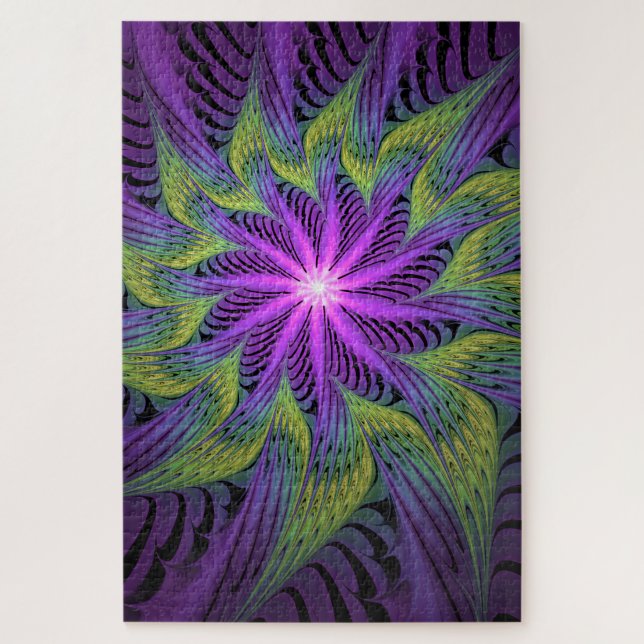 Quebra-cabeça Flor Moderna Abstrata de Arte Fractal Roxa Verde (Vertical)