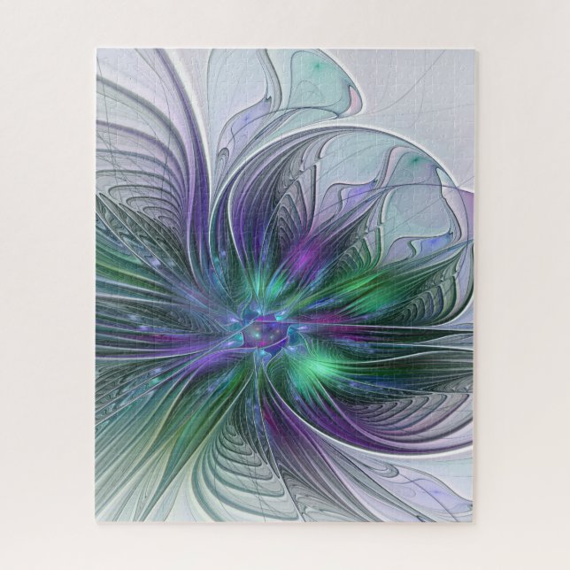 Quebra-cabeça Flor Moderna Abstrata Fractal Roxa Verde (Vertical)