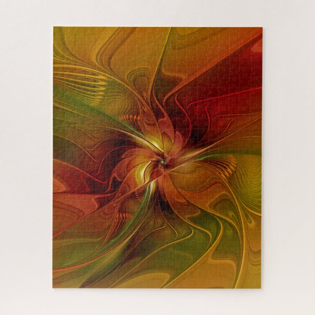 Quebra-cabeça Flor verde-laranja-abstrato Vermelho Castanho-Cast (Vertical)