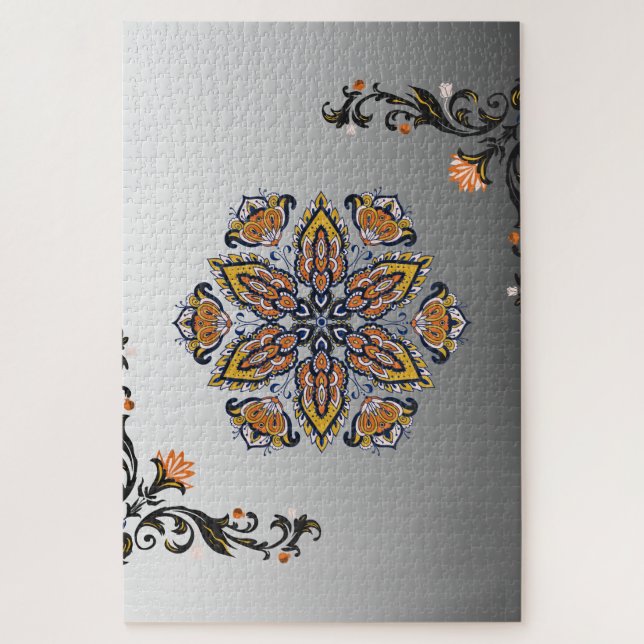 Quebra-cabeça Floração Celestial – Mandala Floral Preto e Branco (Vertical)