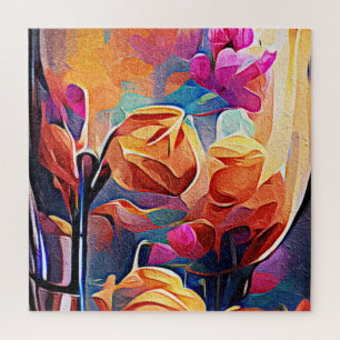 Quebra-cabeça Floral Abstrato Art Laranja Vermelho Azul Flores